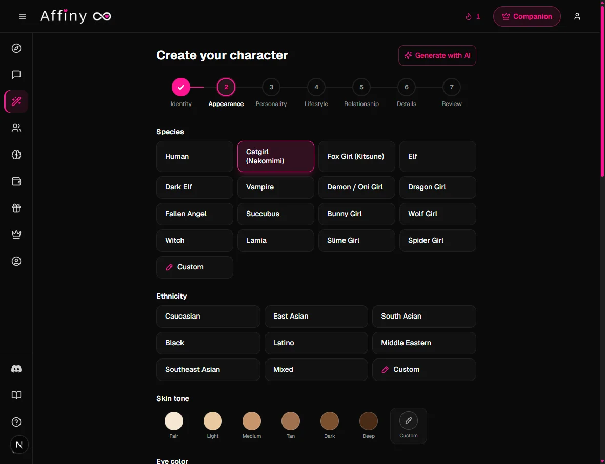Full Builder Appearance step with species and hair options