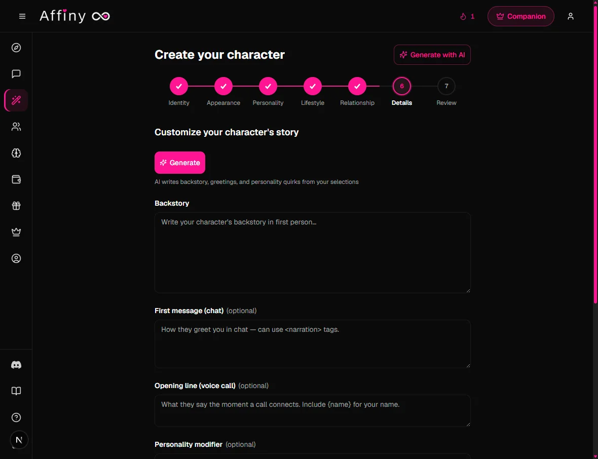 Full Builder Details step with Generate for backstory and greetings