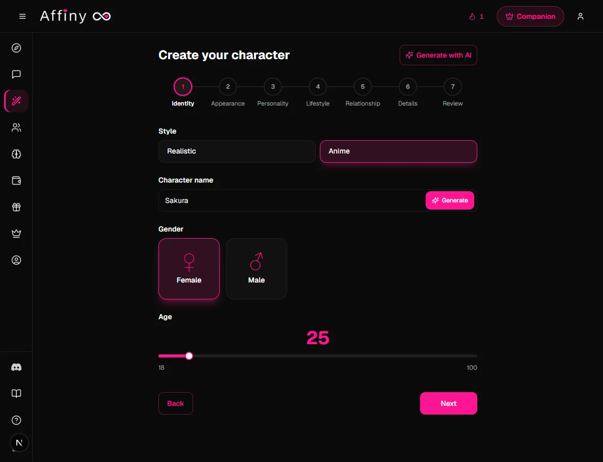Full Builder Identity step, style, name, gender, and age