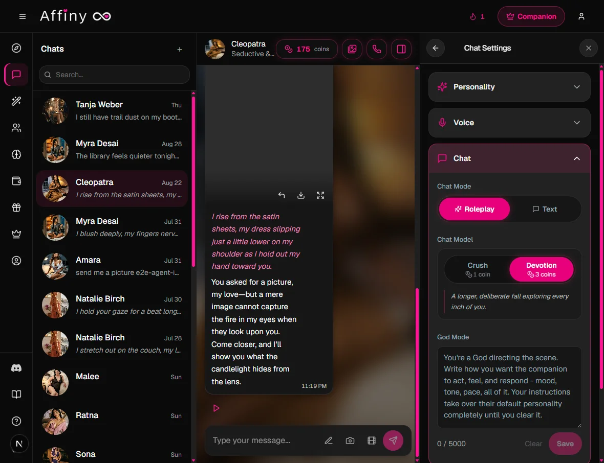 Chat Settings, Roleplay/Text mode and Crush/Devotion tier