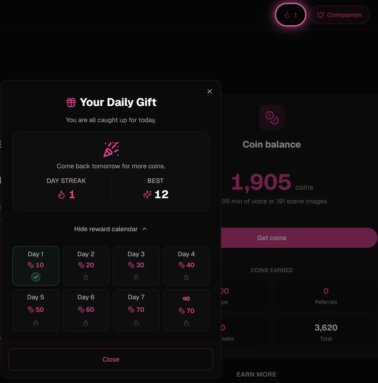 Your Daily Gift window, opened from the flame icon at the top, with the reward calendar from 10 to 70 coins