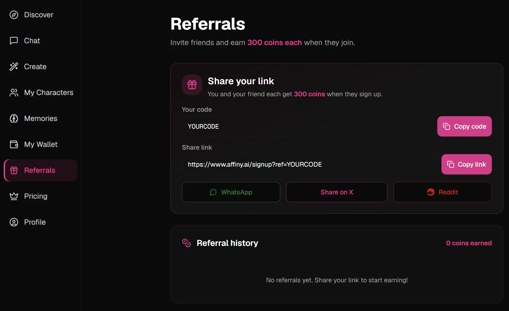 Referrals page with your code, share link, Copy link button and share buttons