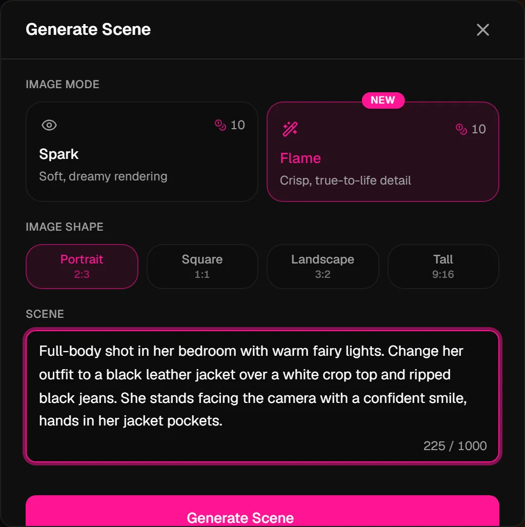 Custom prompt, outfit change in the Generate Scene panel
