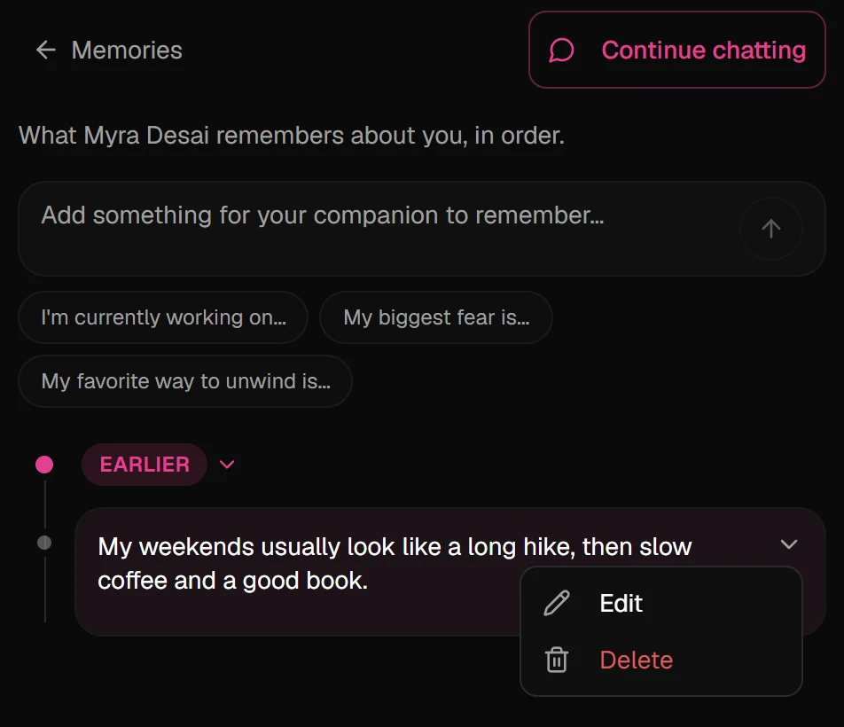Memory timeline with the options menu open on a memory, showing Edit and Delete