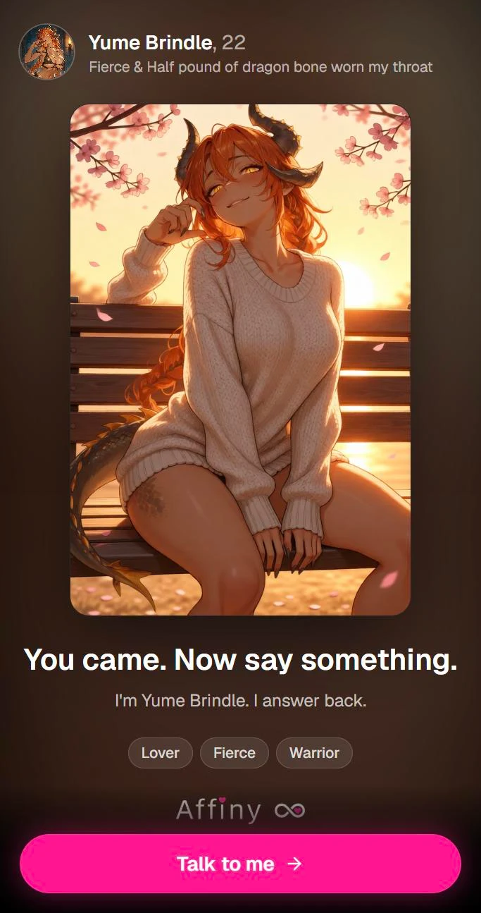 What someone sees when they open a shared link: the picture, a line from the companion and a Talk to me button