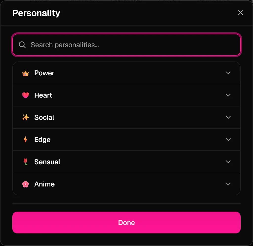 Personality picker in character creation, six groups, 44 presets