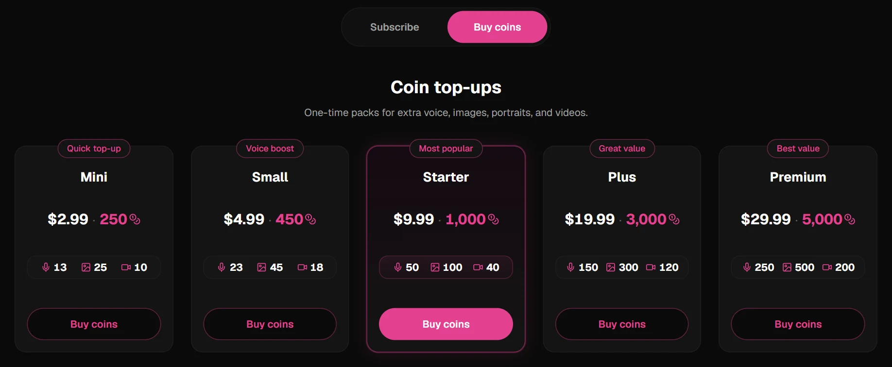 Pricing page, Buy coins tab, with the five coin top-up packs from Mini to Premium