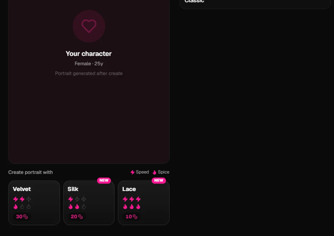 Velvet, Silk and Lace in the portrait engine picker