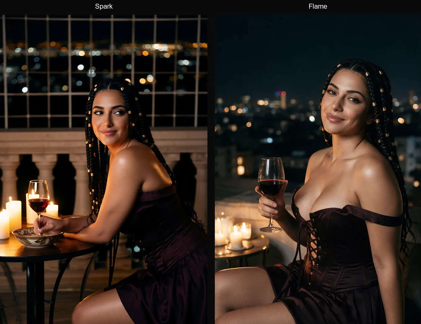 Candlelit rooftop scene in Spark and in Flame