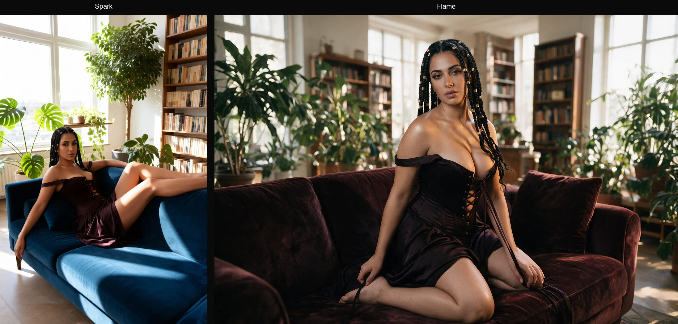 Wide living-room scene in Spark and in Flame