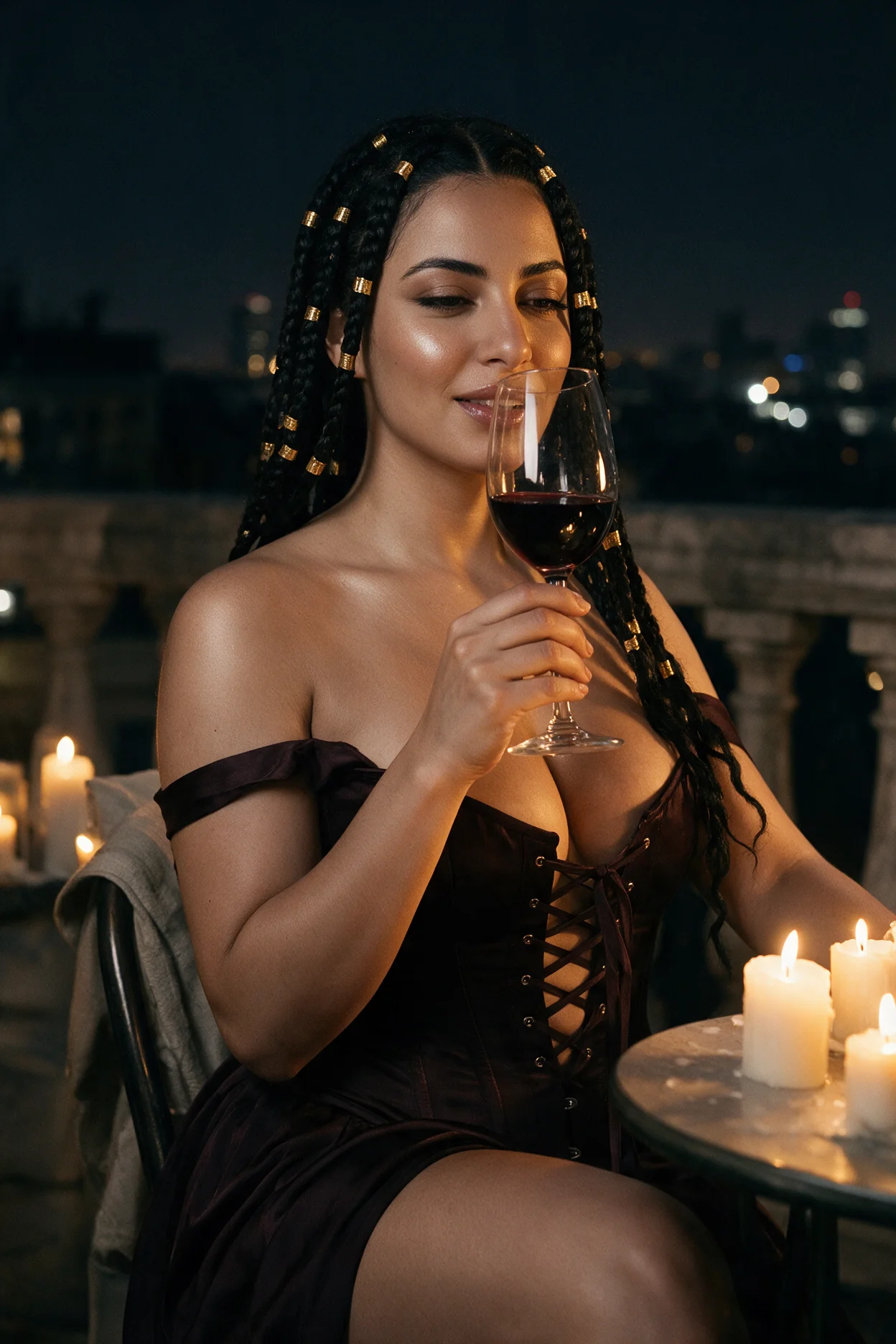 Reference still: rooftop table, candlelight, glass of wine — the frame used for Tease, Desire and Ecstasy