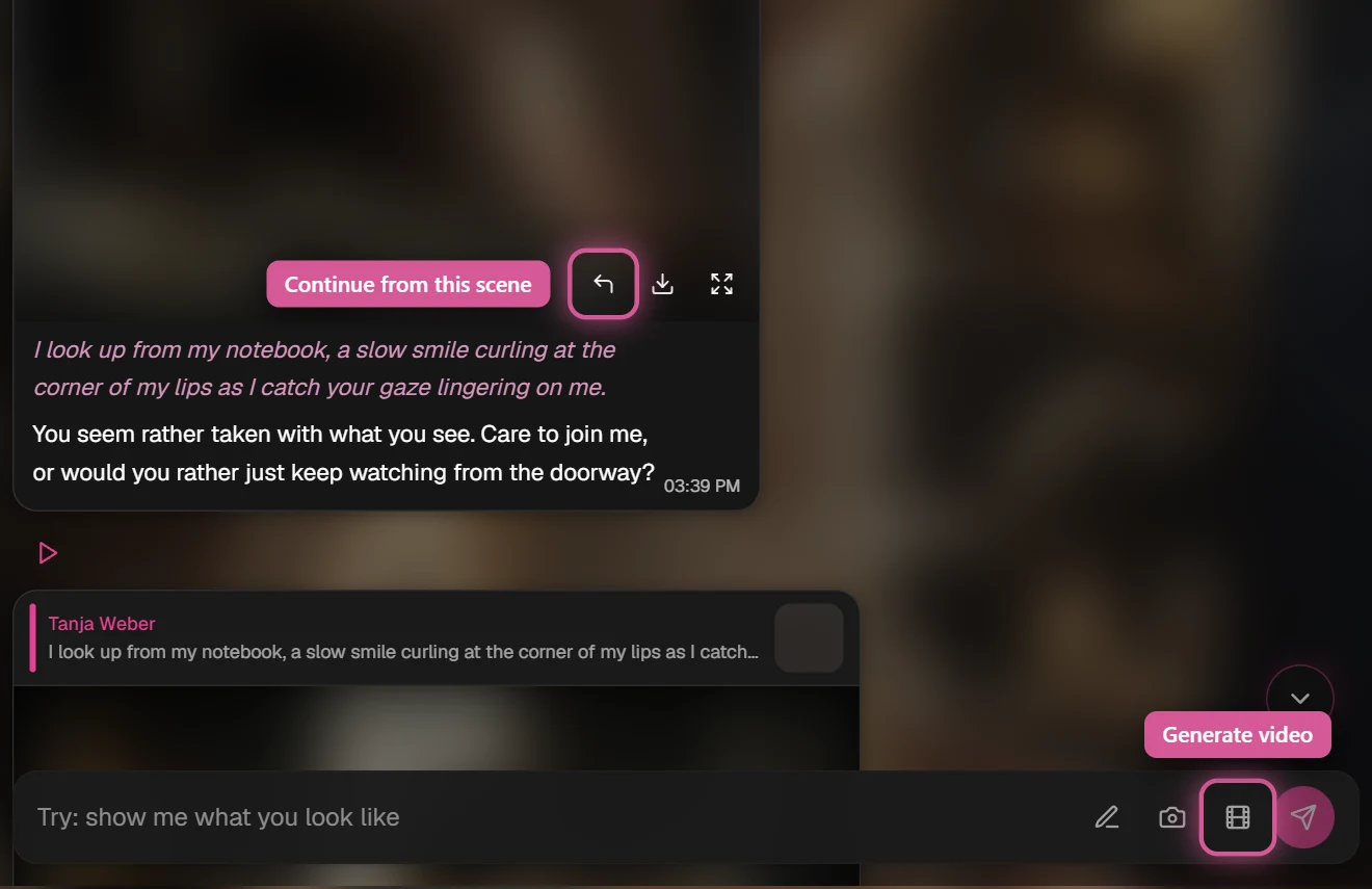 Actions on a chat image: Continue from this scene, Download image and Expand image, with the Generate video film icon in the message box