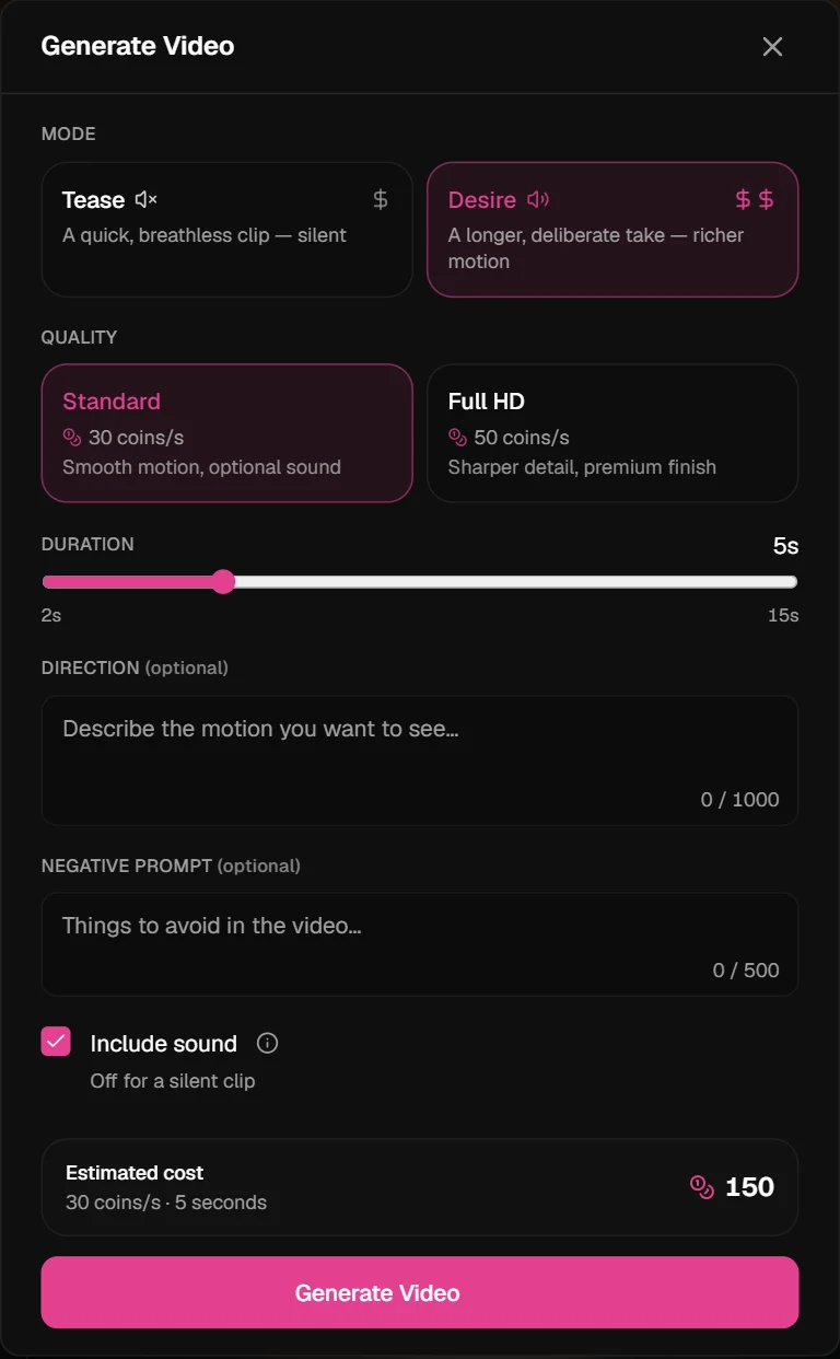 Generate Video panel with Tease and Desire, Standard and Full HD quality, the Duration slider, Include sound and Estimated cost