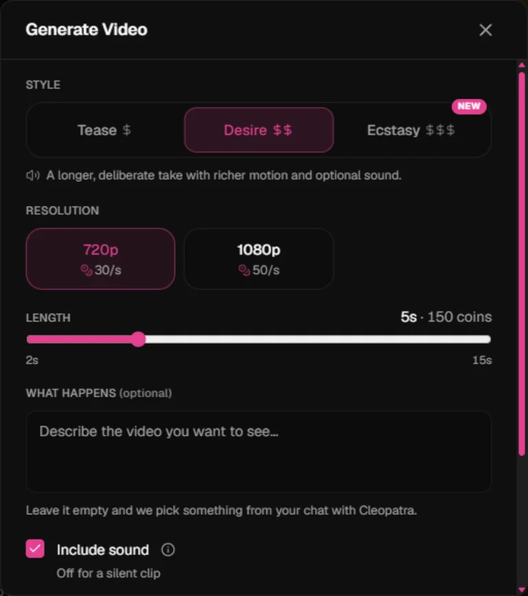 Desire selected in the Generate Video panel