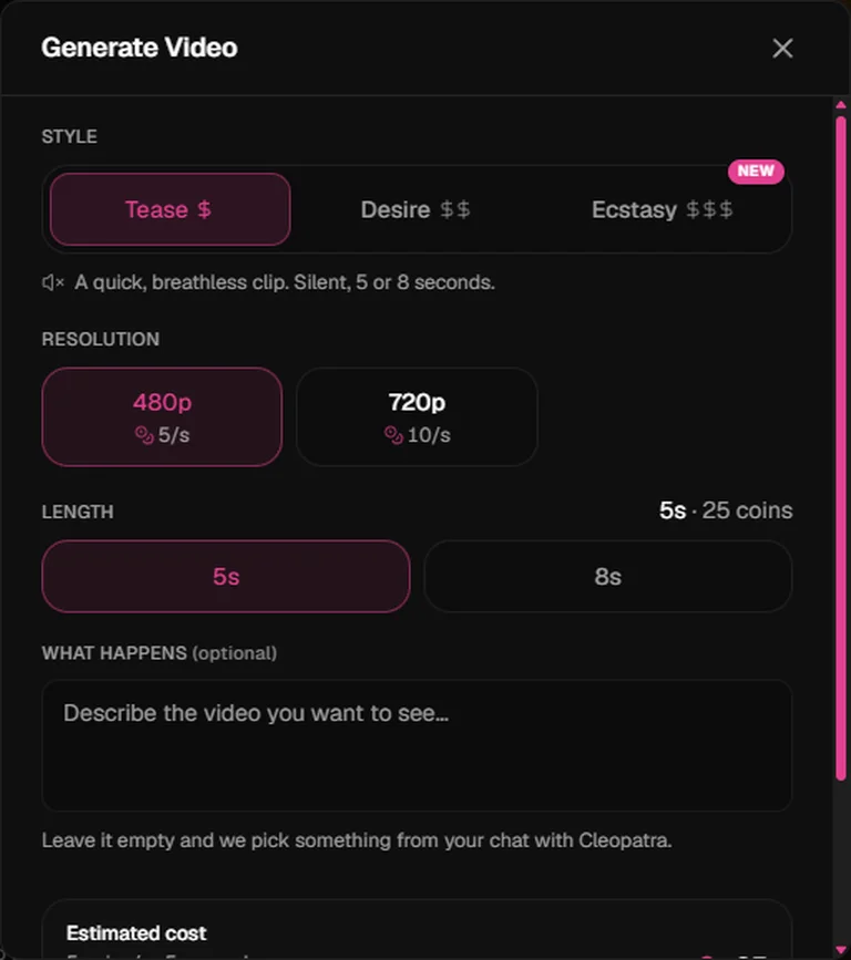 Tease selected in the Generate Video panel