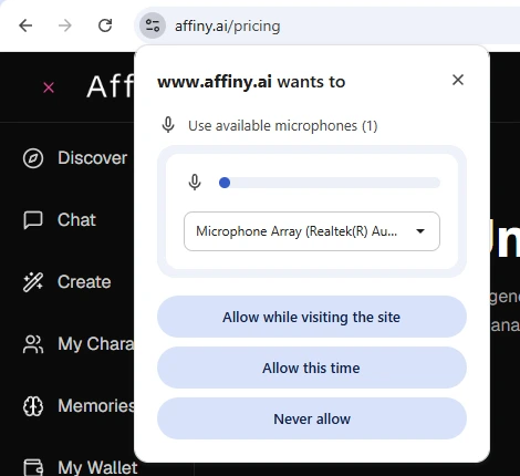 Chrome asking to use your microphone on affiny.ai. Choose Allow while visiting the site; Never allow blocks calls until you reset it
