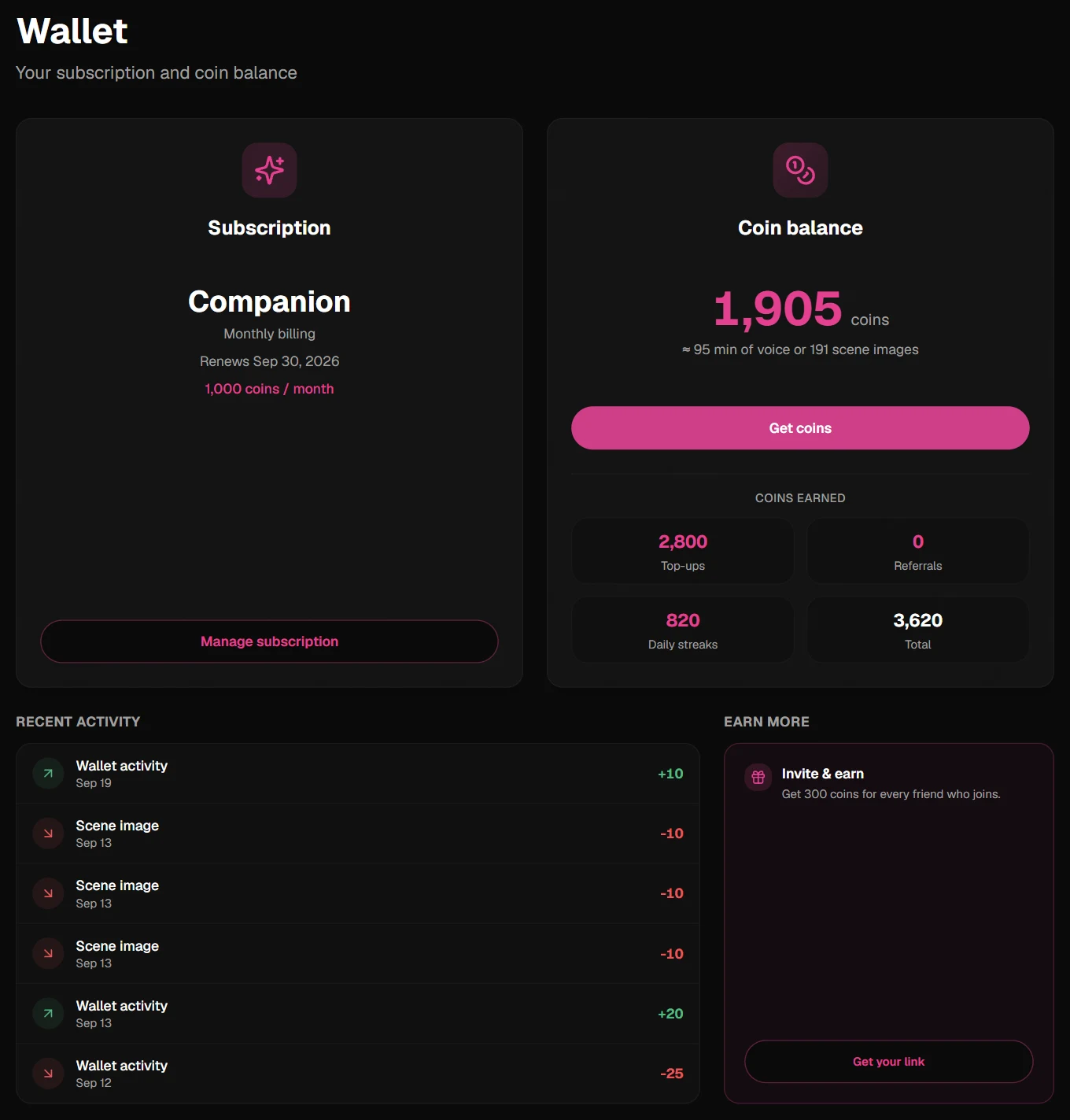 My Wallet page with your plan, coin balance, coins earned and recent activity